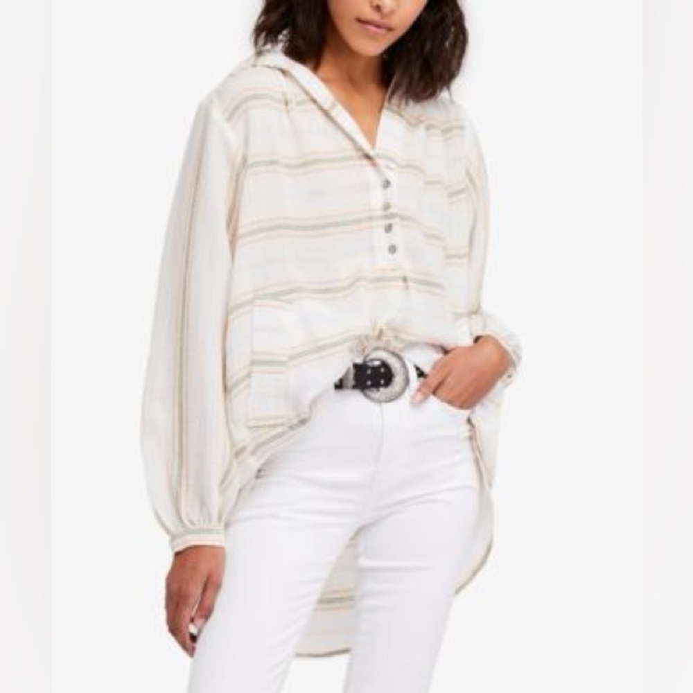 Free People Rolling Clouds Cotton Oversized Hooded Blouse Top White XS